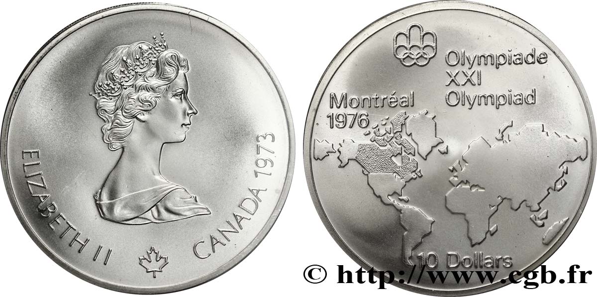 CANADá
 10 Dollars JO Montréal 1976 carte du Monde / Elisabeth II 1973  FDC 