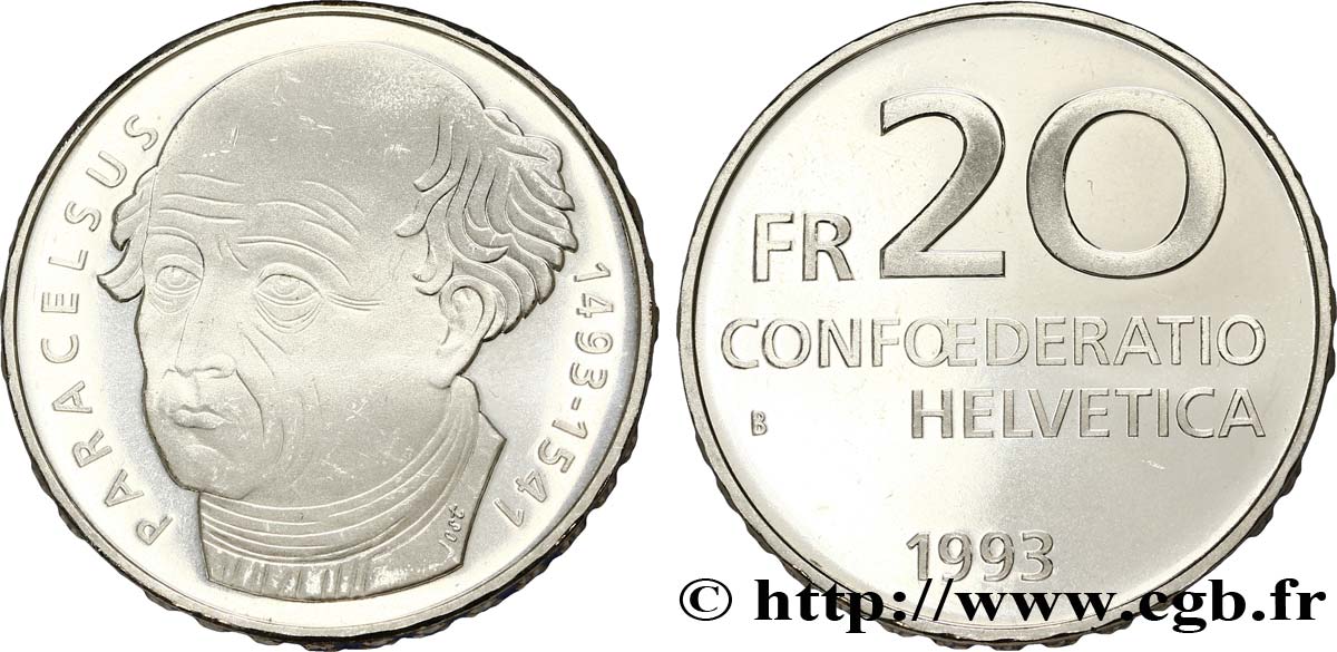 SCHWEIZ 20 Francs 500e anniversaire de la naissance du médecin Paracelse  1993 Berne - B fST 