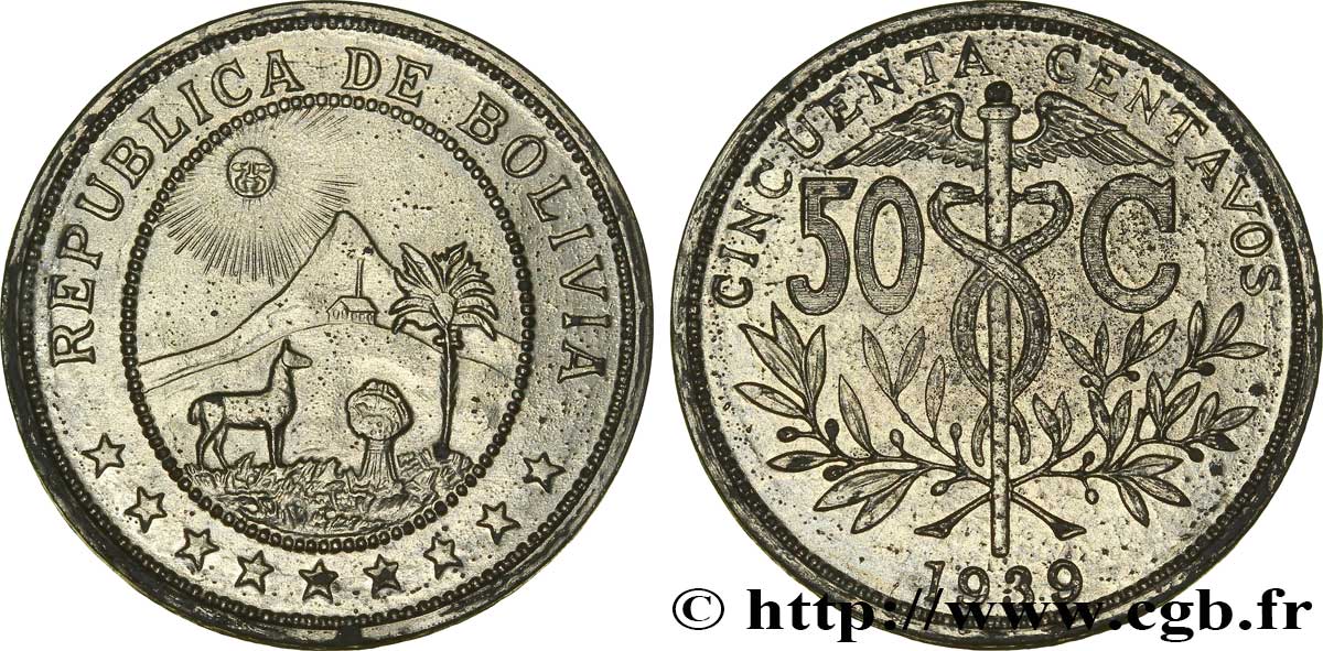 BOLIVIA - REPUBLIC Epreuve en étain de 50 Centavos 1942  AU 