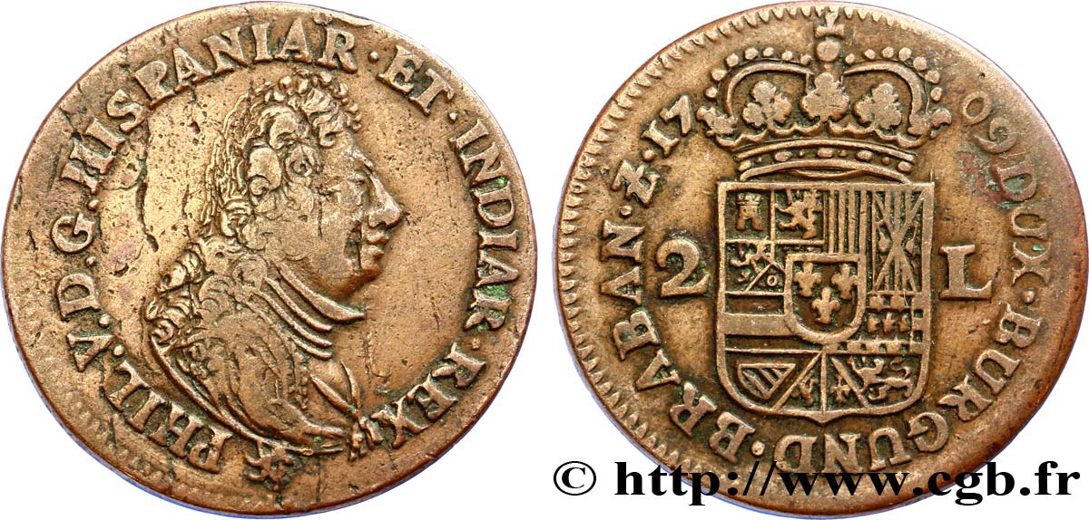 BÉLGICA - NAMUR 2 Liards Philippe V d’Espagne 1709 Namur BC+ 