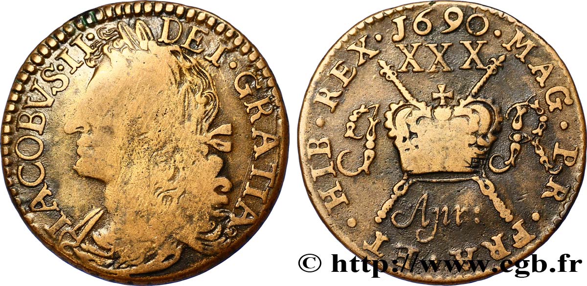 IRELAND REPUBLIC 1/2 Crown Jacques II 1690  VF 