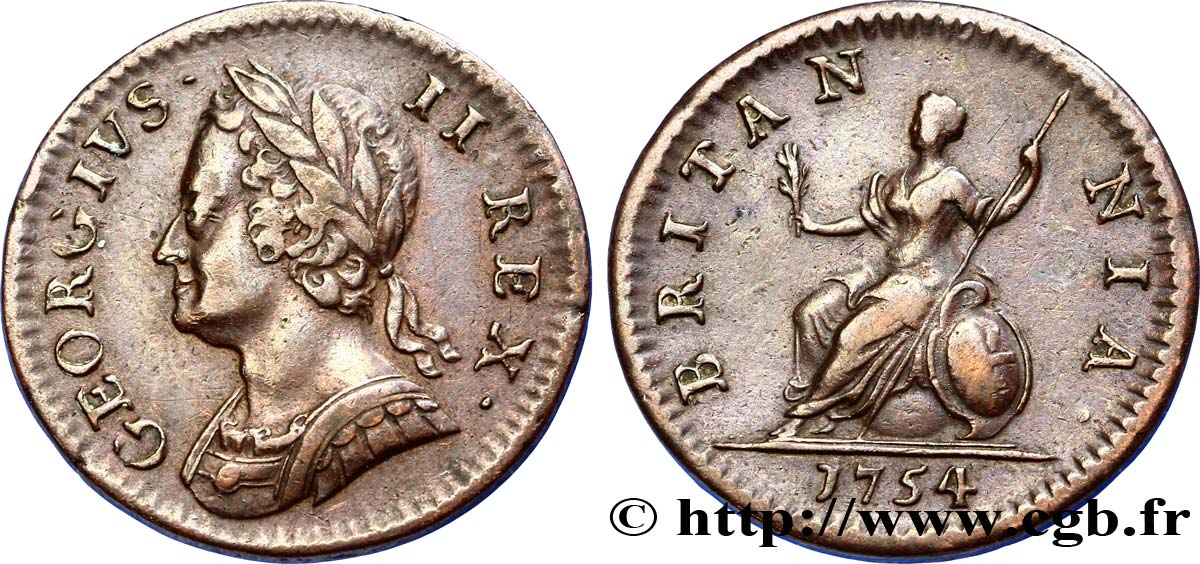 REINO UNIDO 1 Farthing Georges II / Britannia 1754  BC+ 
