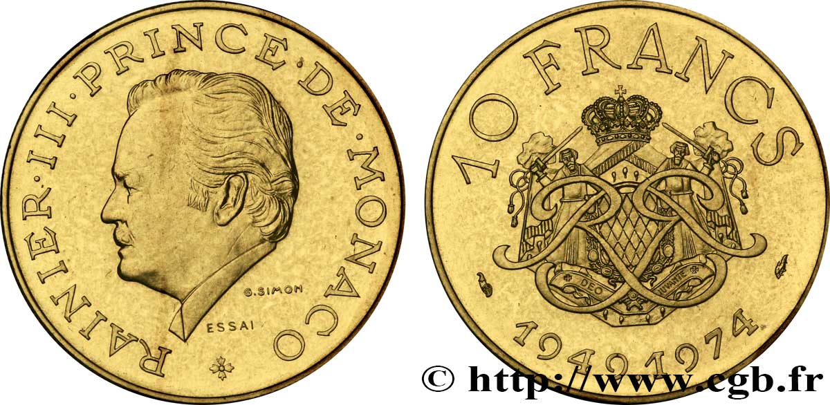 MONACO Essai de 10 Francs Rainier III 25e anniversaire de règne 1974 Paris MS70 