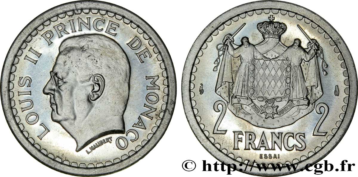 MONACO Essai de 2 Francs aluminium Louis II n.d. Paris ST 