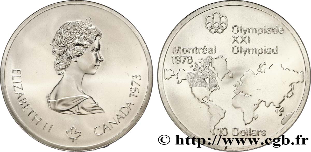 CANADA 10 Dollars JO Montréal 1976 carte du Monde / Elisabeth II 1973  MS 