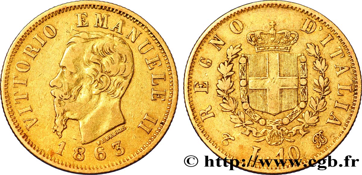 ITALY 10 Lire or Victor Emmanuel II, roi d’Italie 1863 Turin VF 