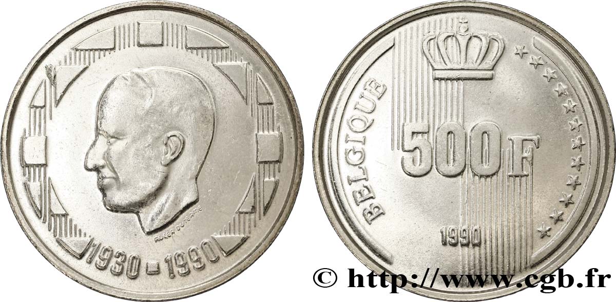 BELGIEN 500 Francs légende française 60e anniversaire du roi Baudouin 1990 Bruxelles VZ 
