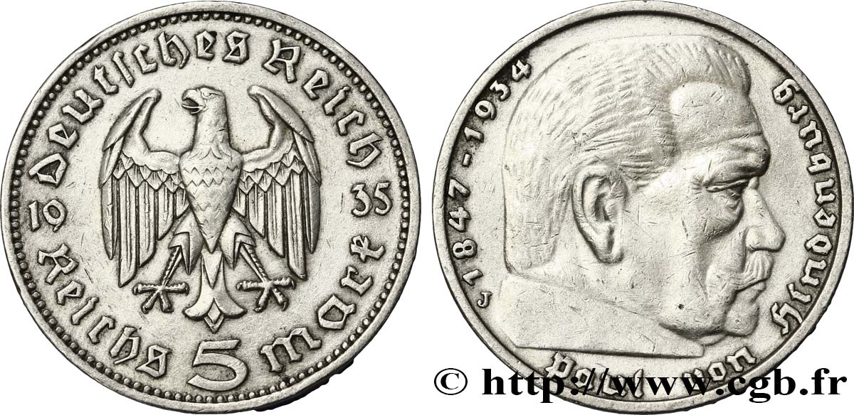 ALEMANIA 5 Reichsmark Maréchal Paul von Hindenburg 1935 Hambourg - J MBC 