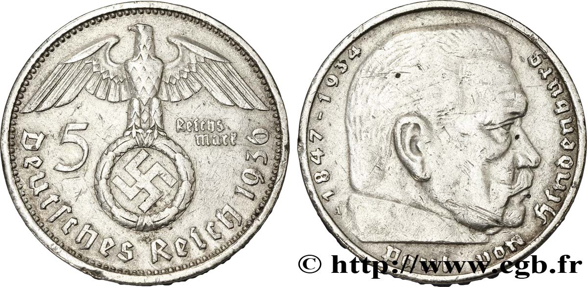 DEUTSCHLAND 5 Reichsmark Maréchal Paul von Hindenburg 1936 Berlin SS 