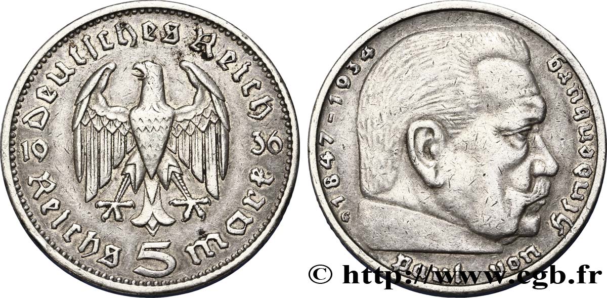 GERMANY 5 Reichsmark Maréchal Paul von Hindenburg 1936 Karlsruhe - G XF 