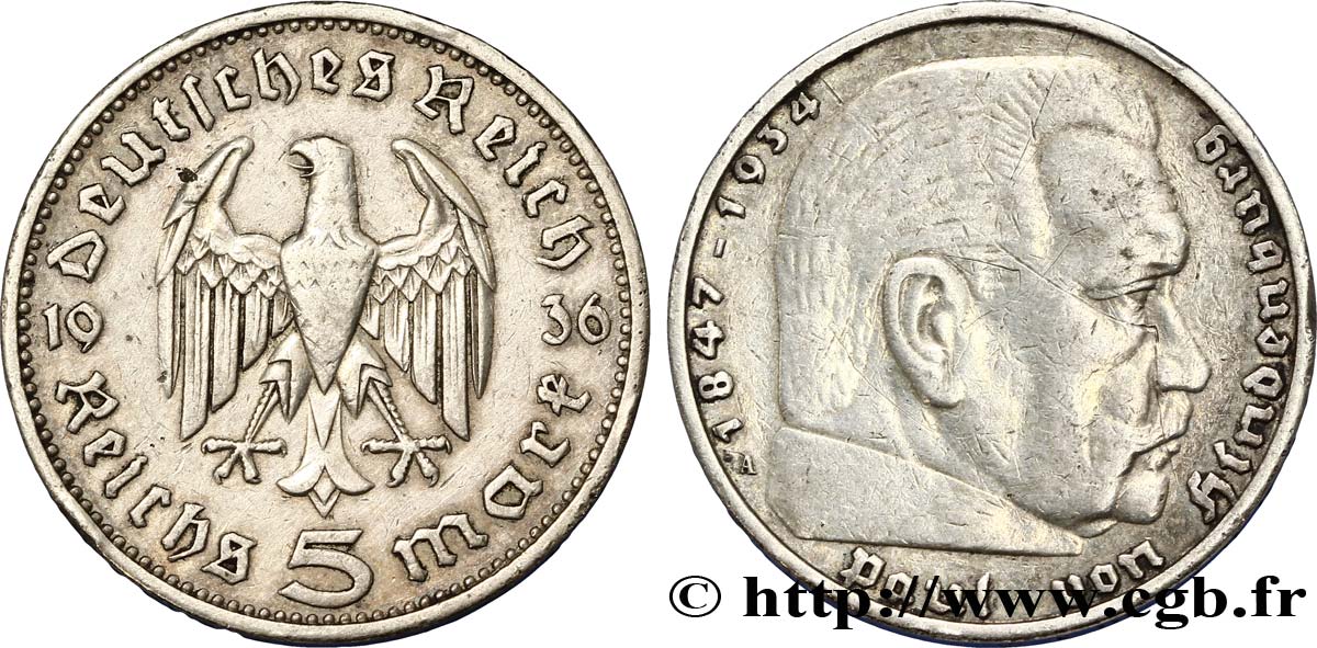 DEUTSCHLAND 5 Reichsmark Maréchal Paul von Hindenburg 1936 Berlin VZ 