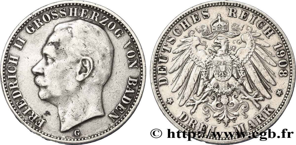 GERMANIA - BADEN 3 Mark Frédéric II grand-duc de Bade 1908 Karlsruhe q.BB 