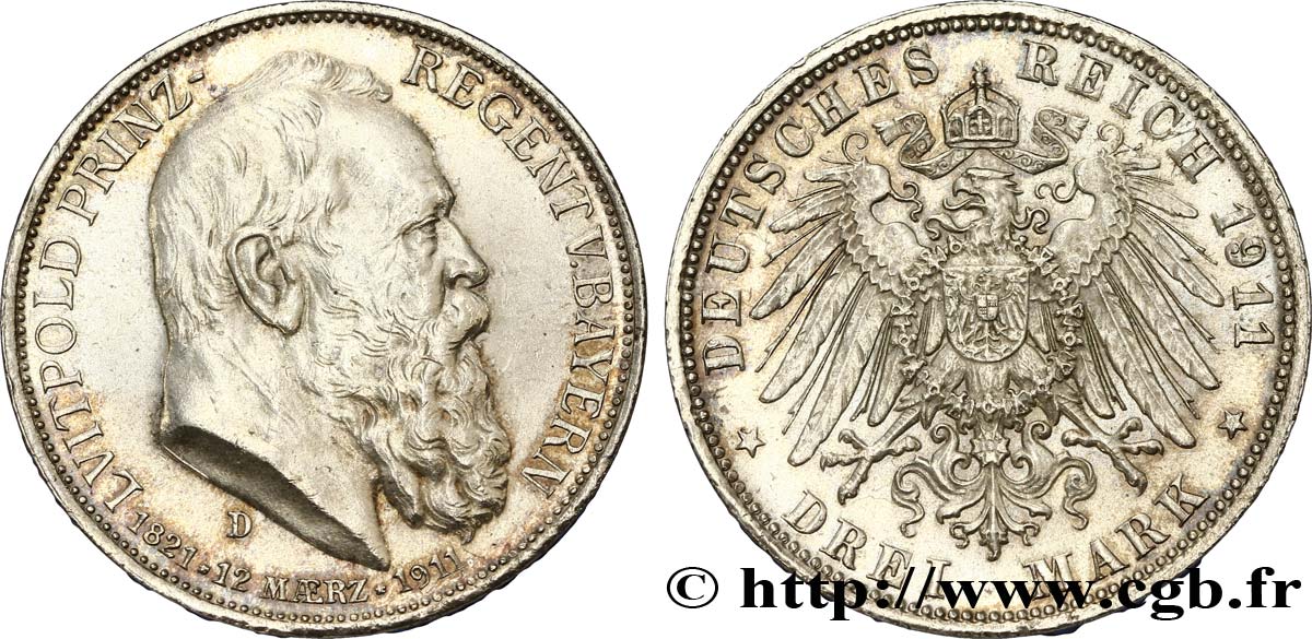 GERMANIA - BAVIERIA 3 Mark Léopold  1911 Munich - D SPL 