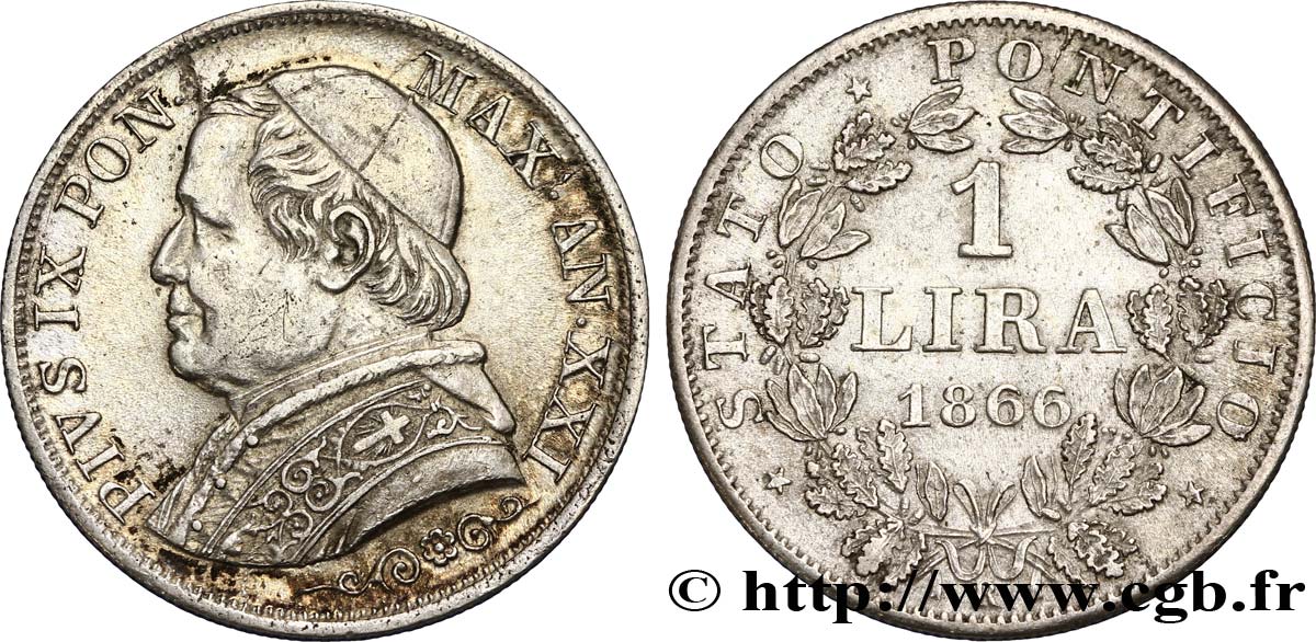 VATIKANSTAAT UND KIRCHENSTAAT 1 Lire Pie IX type grand buste an XXI 1866 Rome fVZ 