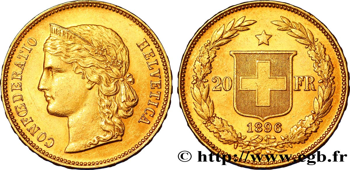 SCHWEIZ 20 Francs or Helvetia 1896 Berne fVZ 