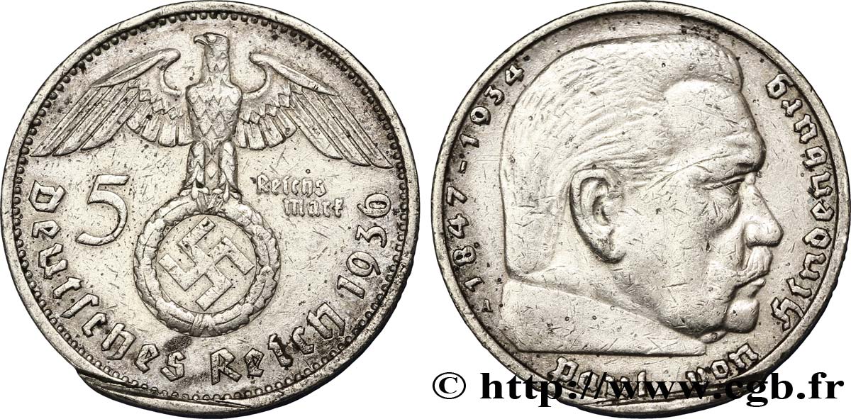 GERMANIA 5 Reichsmark Maréchal Paul von Hindenburg 1936 Berlin BB 