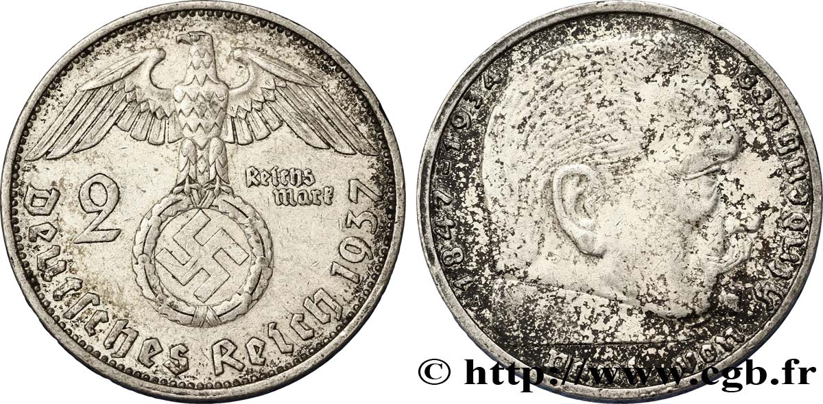 GERMANIA 2 Reichsmark Maréchal Paul von Hindenburg 1937 Berlin BB 