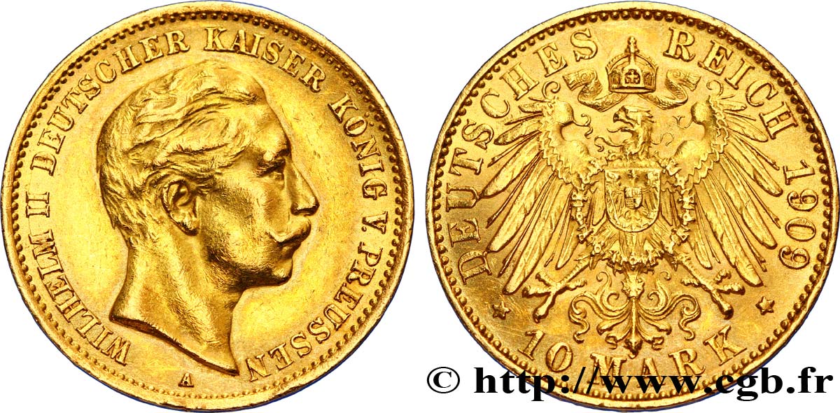 ALLEMAGNE - PRUSSE 10 Mark or Guillaume II 1909 Berlin TTB+ 
