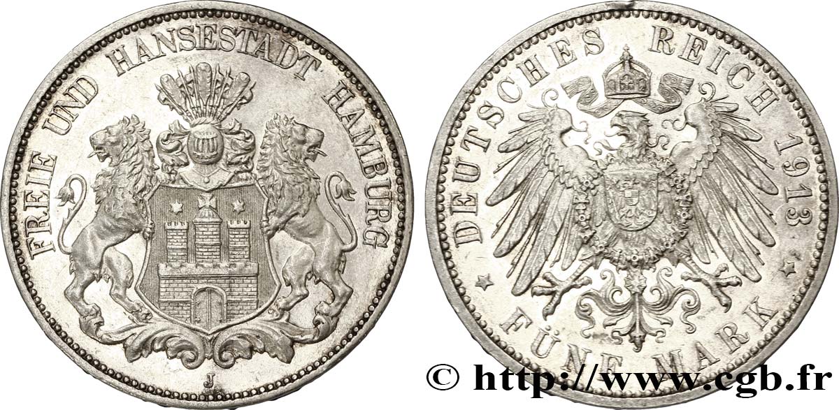 ALEMANIA - CIUDAD LIBRE DE HAMBURGO 5 Mark blason de Hambourg 1913 Hambourg - J EBC 