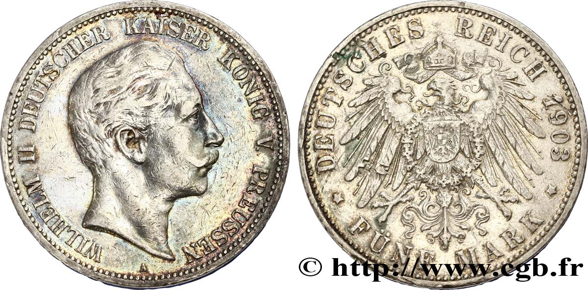 ALEMANIA - PRUSIA 5 Mark Guillaume II de Prusse / aigle impérial 1903 Berlin BC+/MBC 