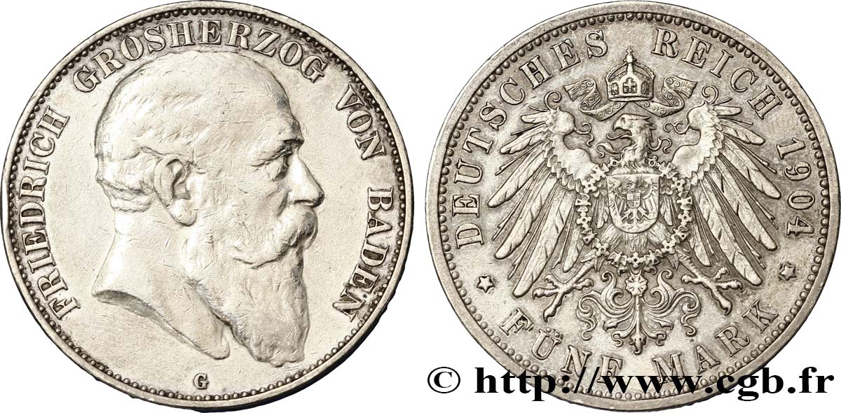 GERMANIA - BADEN 5 Mark Frédéric Ier grand-duc de Bade 1904 Karlsruhe - G q.BB 
