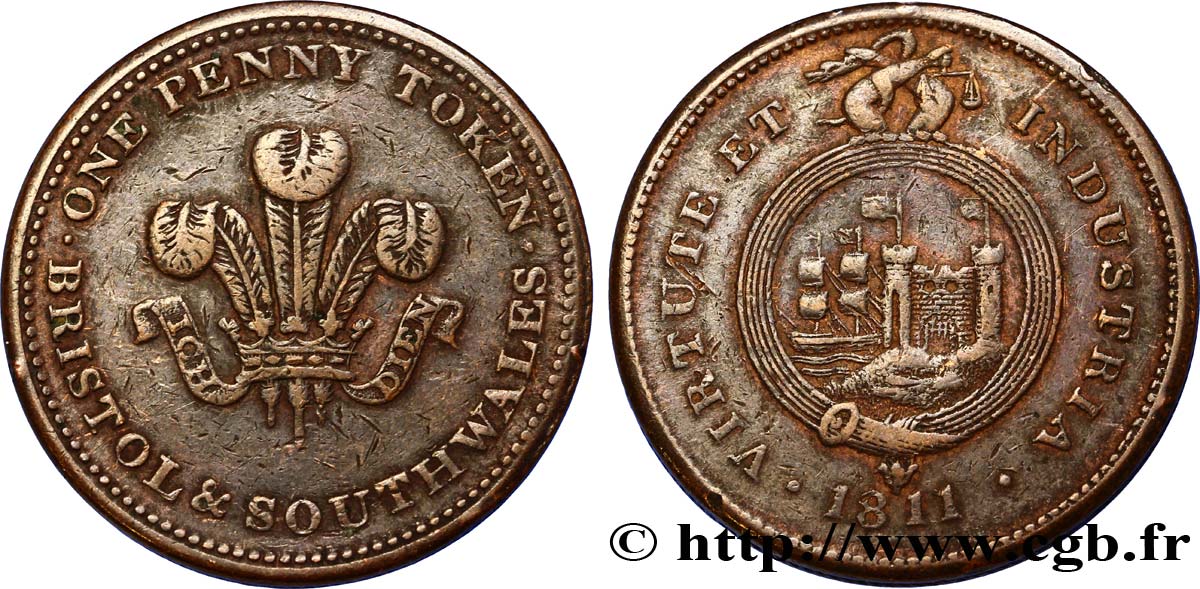 BRITISH TOKENS 1 Penny Bristol (Somerset) Bristol and Southern Wales, armes du prince de Galles 1811  VF 