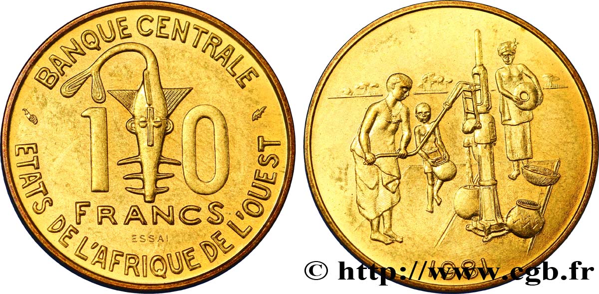 STATI DI L  AFRICA DE L  OVEST Essai 10 Francs masque / villageois au puit 1981  MS 