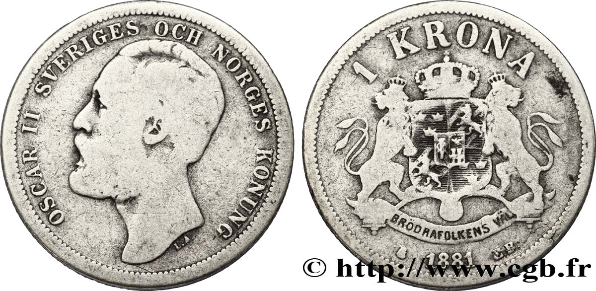 SVEZIA 1 Krona Oscar II de Suède et de Norvège 1881  B 