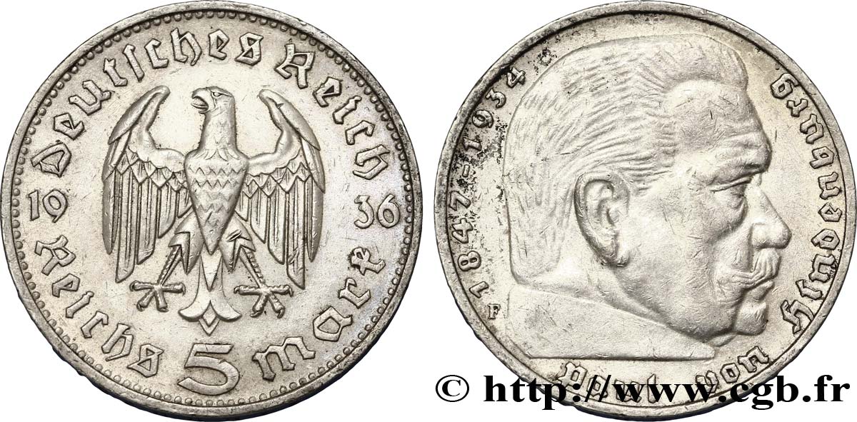 ALLEMAGNE 5 Reichsmark Maréchal Paul von Hindenburg 1936 Stuttgart - F TTB 