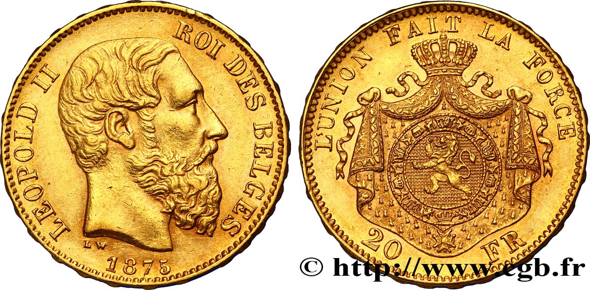 BELGIEN 20 Francs or Léopold II  tranche position A 1875 Bruxelles VZ 
