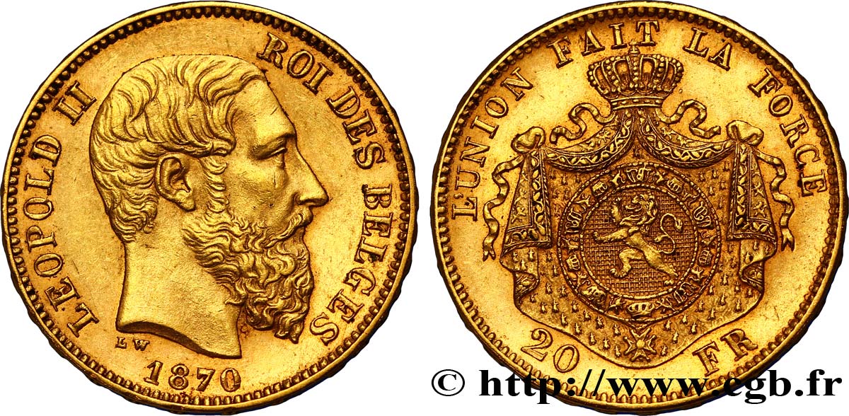 BELGIQUE 20 Francs or Léopold II  4e type 1870 Bruxelles SUP 