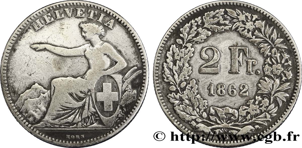 SWITZERLAND 2 Francs Helvetia 1862 Berne - B VF/XF 