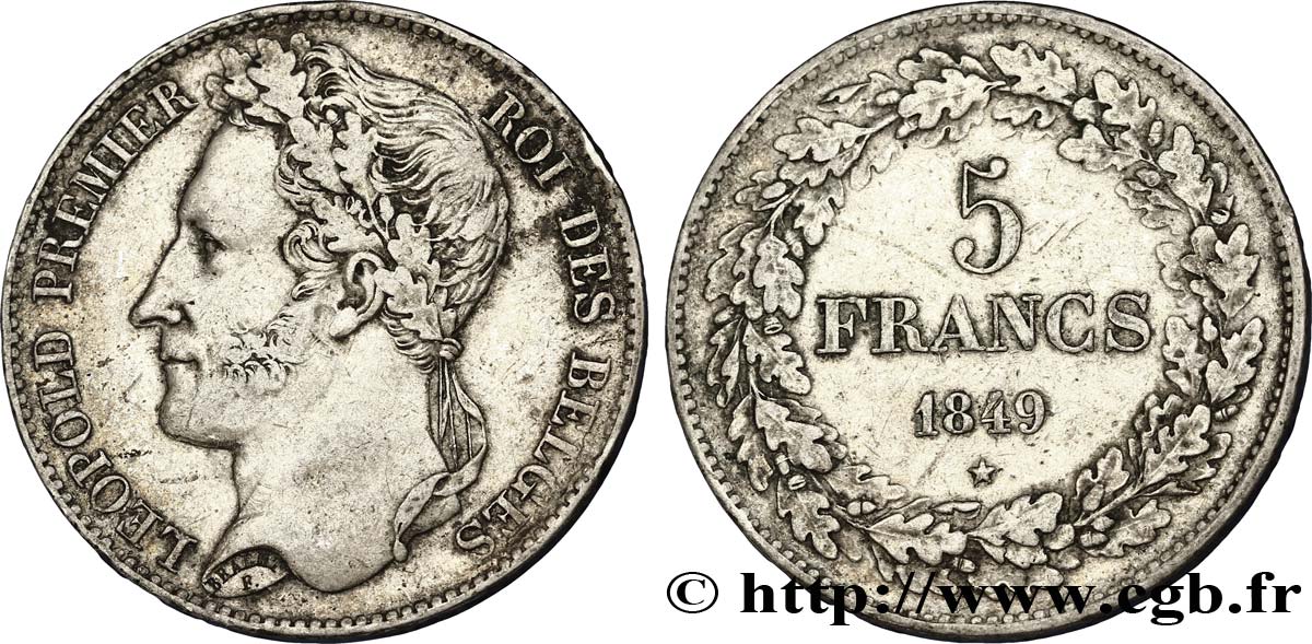 BELGIO 5 Francs Léopold Ier tête laurée 1849  BB 