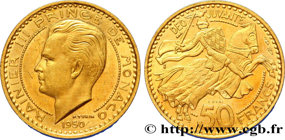 MONACO Essai en or de 50 francs prince Rainier III 1950 Paris EBC62 