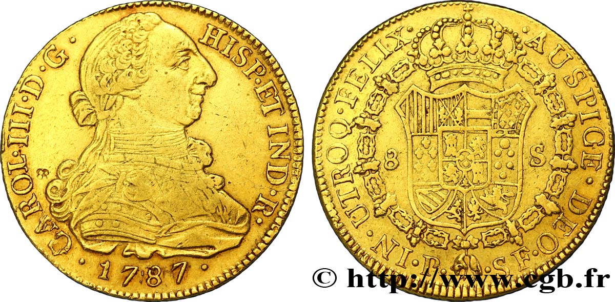 KOLUMBIEN 8 Escudos or Charles III d’Espagne / écu couronné 1787 Popayan SS 