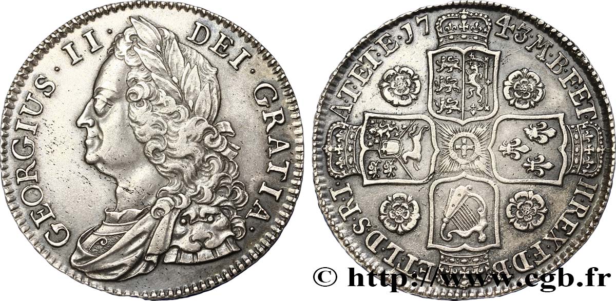 ROYAUME-UNI 1/2 Crown Georges II / armes 1743 Londres TTB+ 