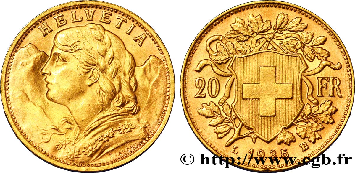 SWITZERLAND 20 Francs or  Vreneli  1935 Berne MS 