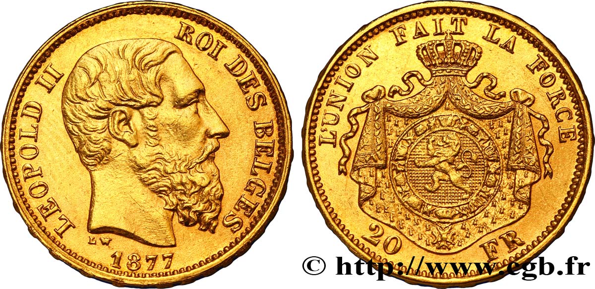 BELGIEN 20 Francs Léopold II 1877 Bruxelles VZ 