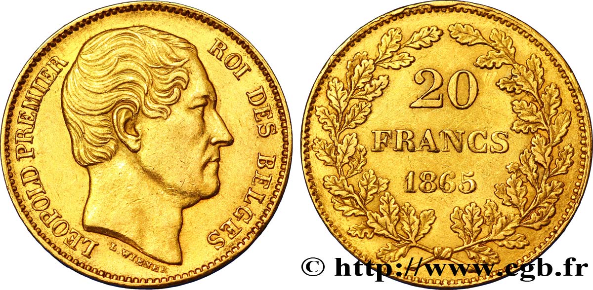 BELGIEN 20 Francs Léopold Ier 1865 Bruxelles fVZ 