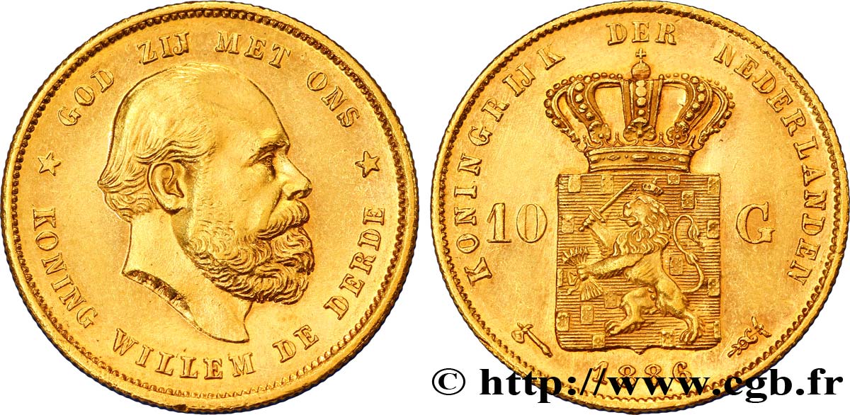 NETHERLANDS 10 Gulden or Guillaume III, 2e type 1886 Utrecht MS 