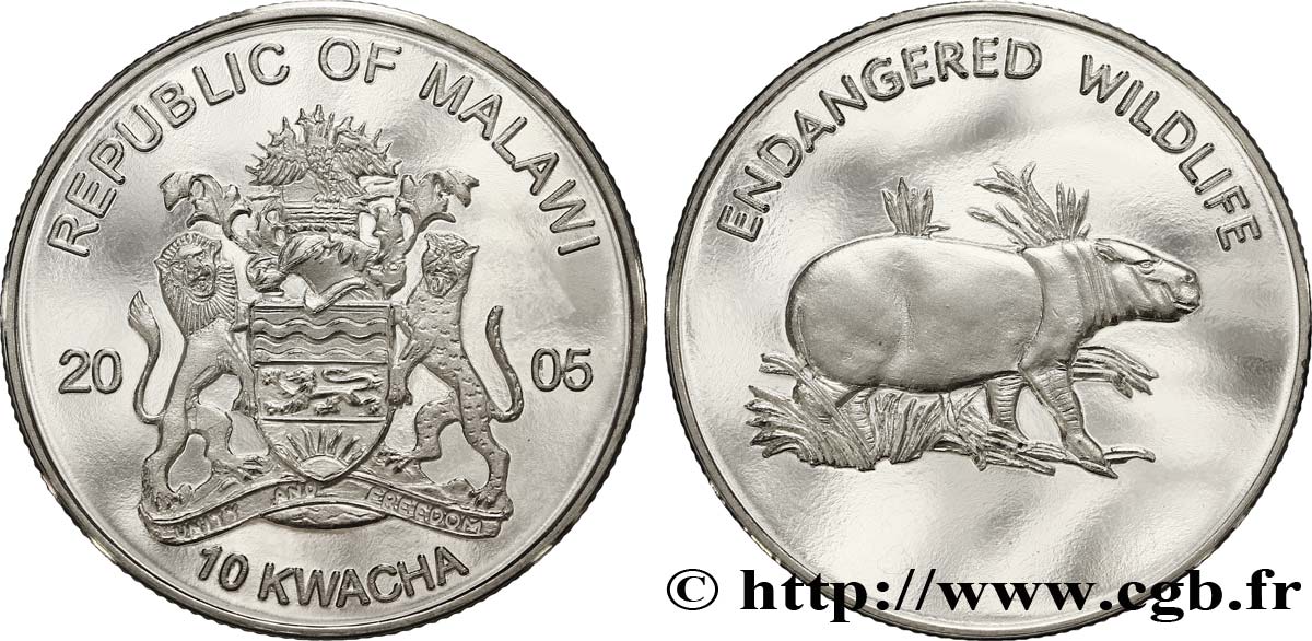 MALAWI 10 Kwacha série Faune en danger : emblème / hippopotame pygmée  2005  ST 
