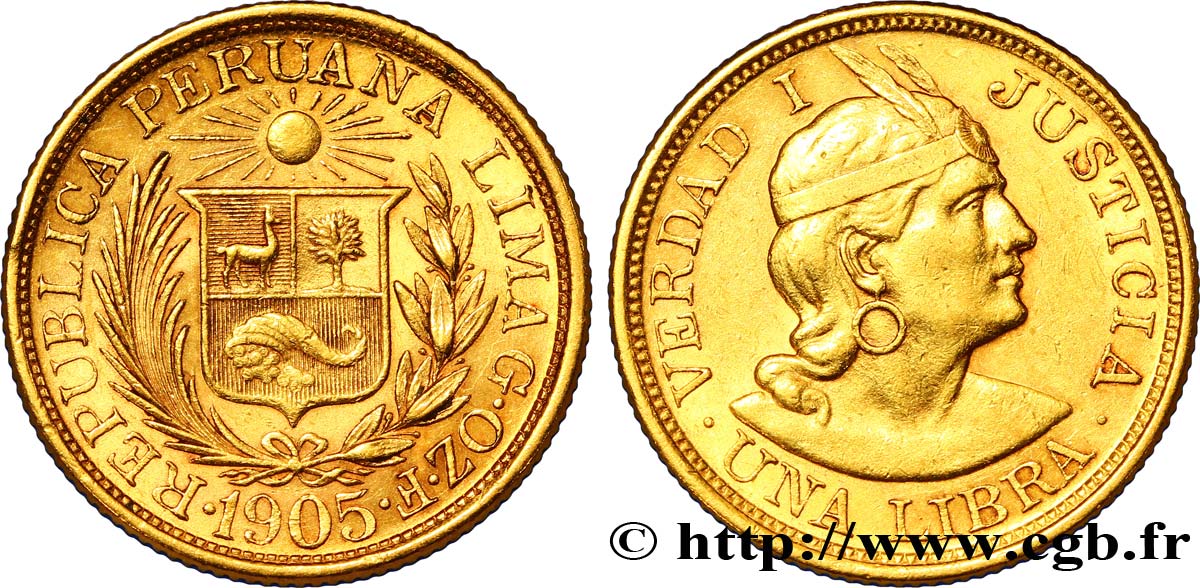 PERU 1 Libra or 1905 Lima VZ 
