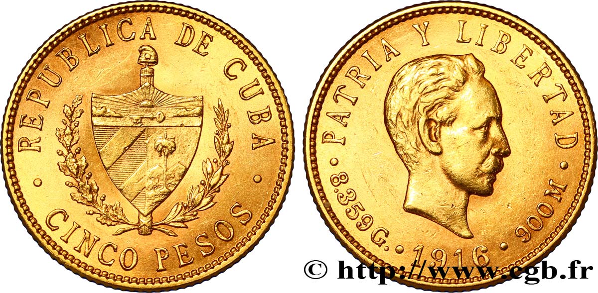 KUBA 5 Pesos OR emblème de la République / José Marti 1916  VZ 