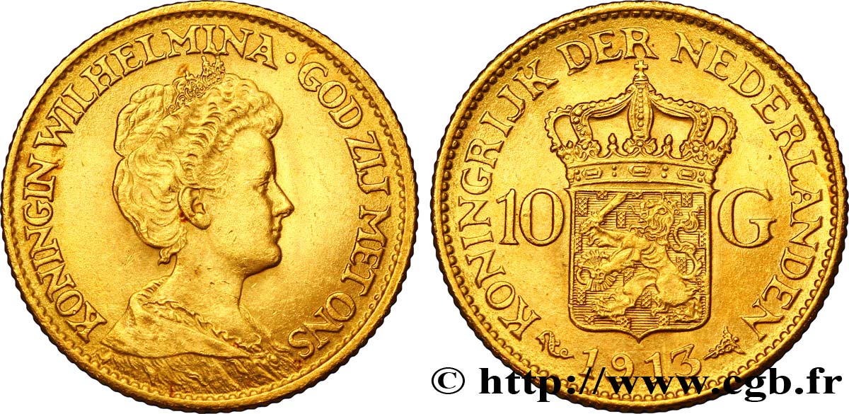 PAESI BASSI 10 Gulden or ou 10 Florins Wilhelmina 1913 Utrecht SPL 