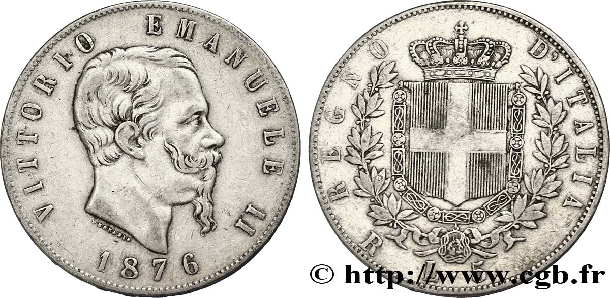 ITALIA 5 Lire Victor Emmanuel II 1876 Rome BC+ 