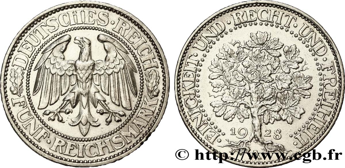 GERMANY 5 Reichsmark aigle / chêne 1928 Berlin AU 