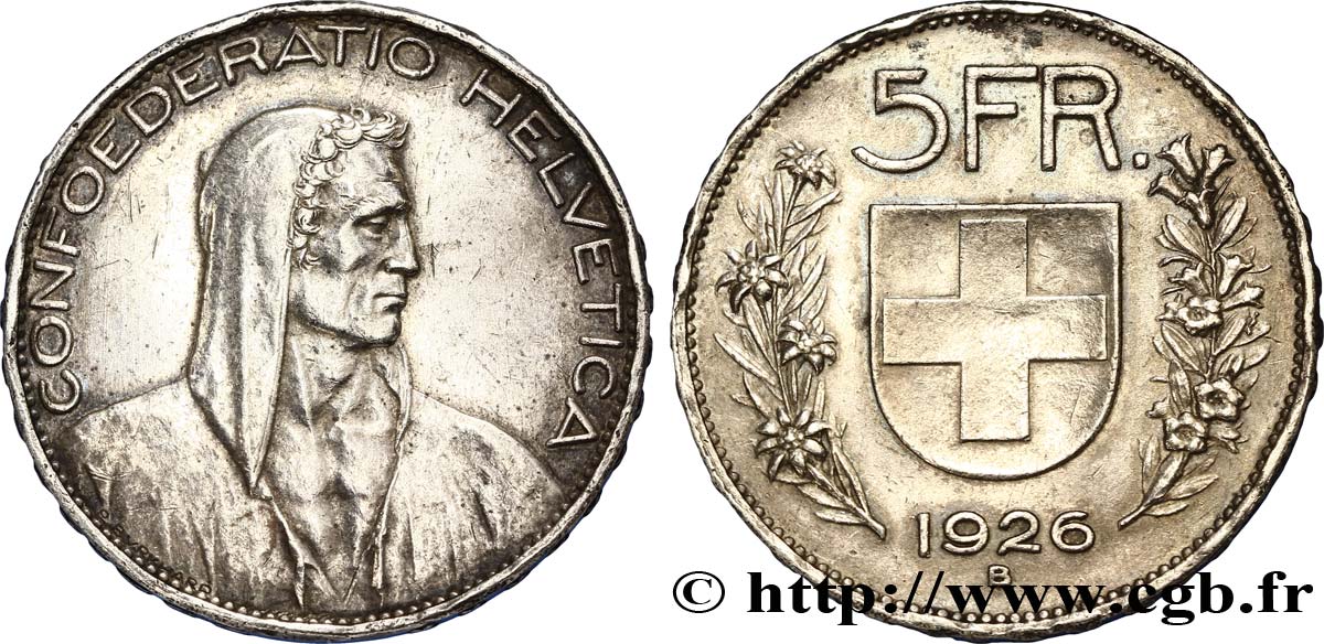 SCHWEIZ 5 Francs Helvetia buste 1926 Berne - B SS 