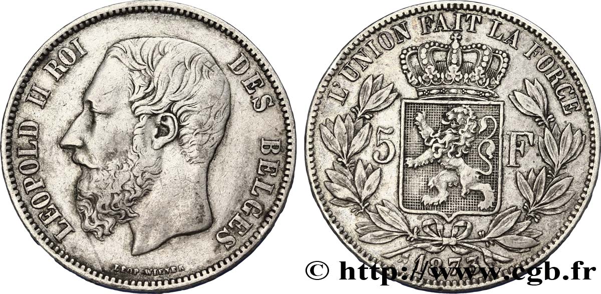 BELGIUM 5 Francs Léopold II tranche position B 1873  VF 