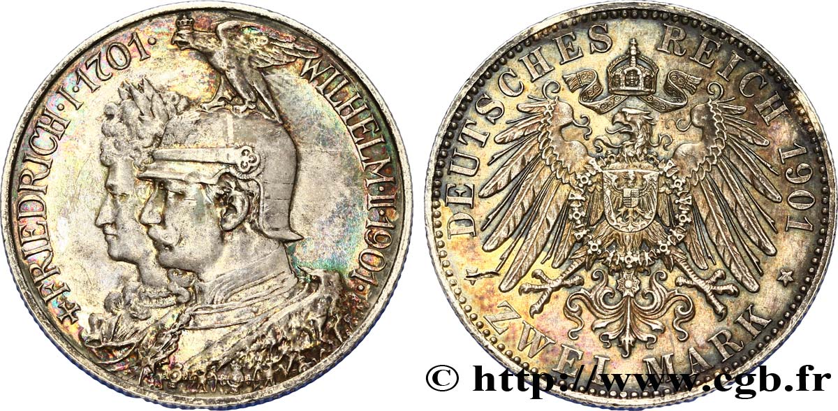 GERMANIA - PRUSSIA 2 Mark Royaume de Prusse Guillaume II 200e anniversaire de la Prusse / aigle.. 1901 Berlin SPL 