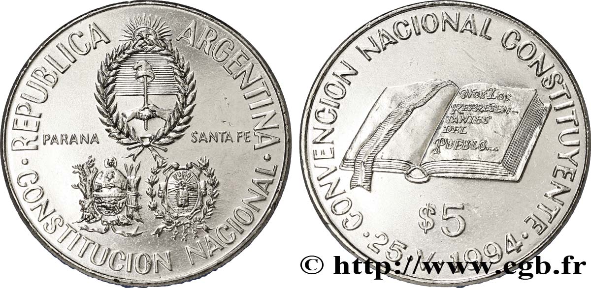ARGENTINA 5 Pesos emblèmes / convention constituante du 25 mai 1994 1994  AU 